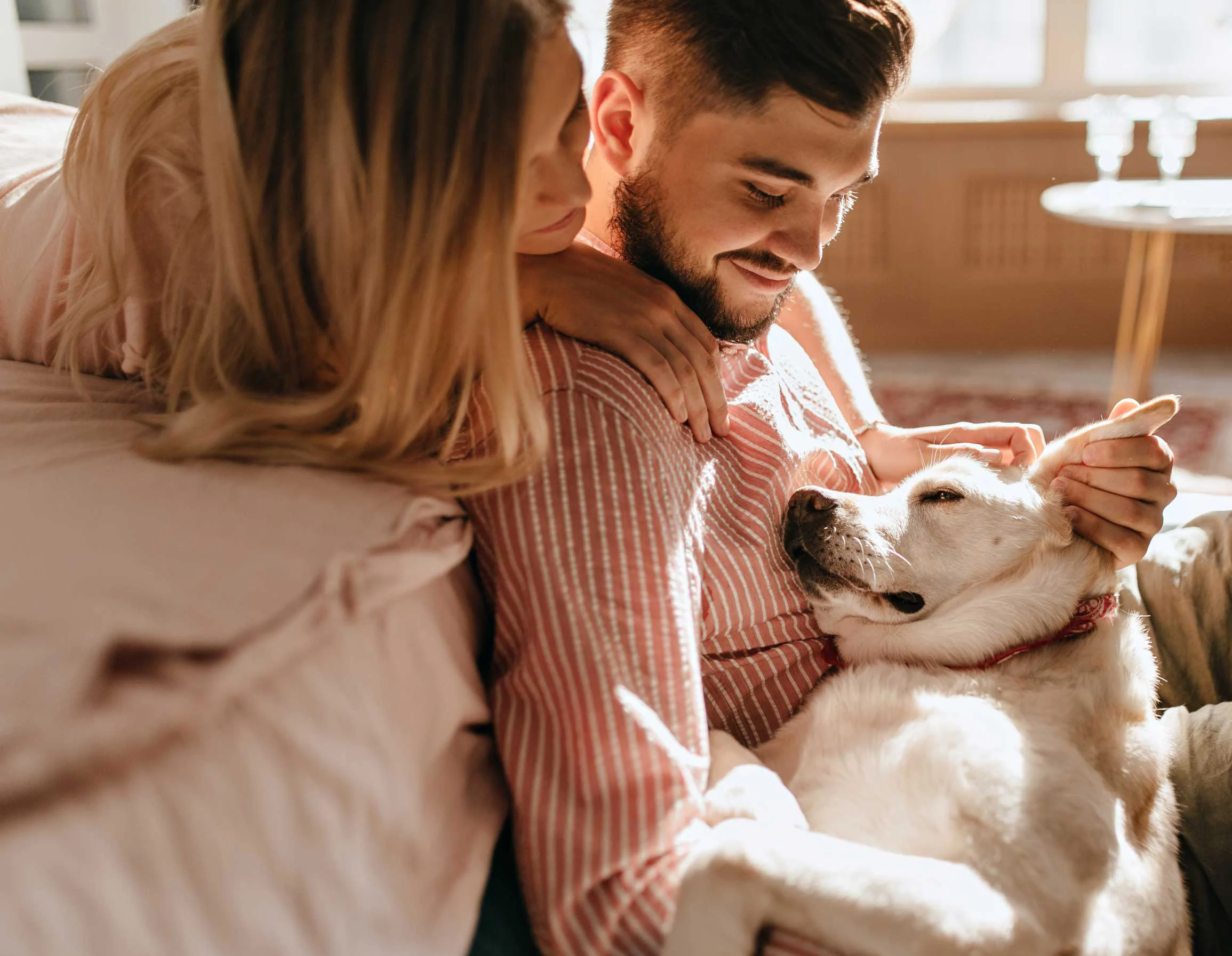 Cozy Moment with Couple and Dog A couple sitting comfortably on a sofa, with a dog resting in the man's lap. The woman is leaning in towards him, both smiling and enjoying the moment. The interior is bright and cozy, suggesting a warm atmosphere.