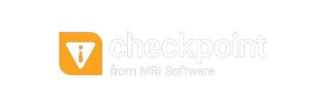 Logo of Checkpoint from MRI Software featuring a triangle with an exclamation mark inside an orange square and text in white and gray.