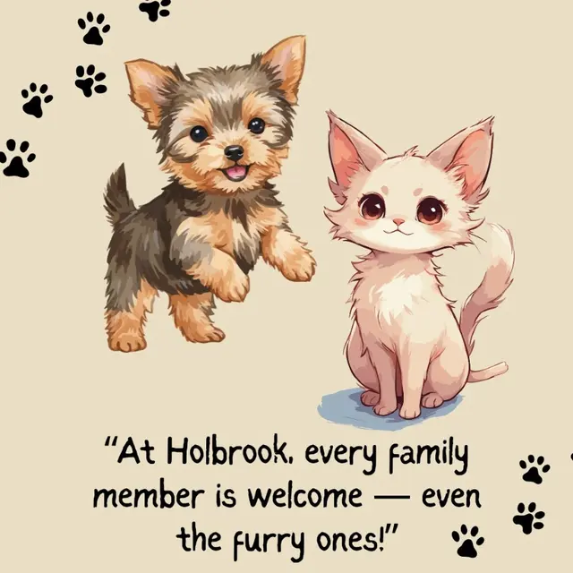 Welcome to Holbrook A cartoon-style illustration of a small dog and a cat on a light background with a quote below them.