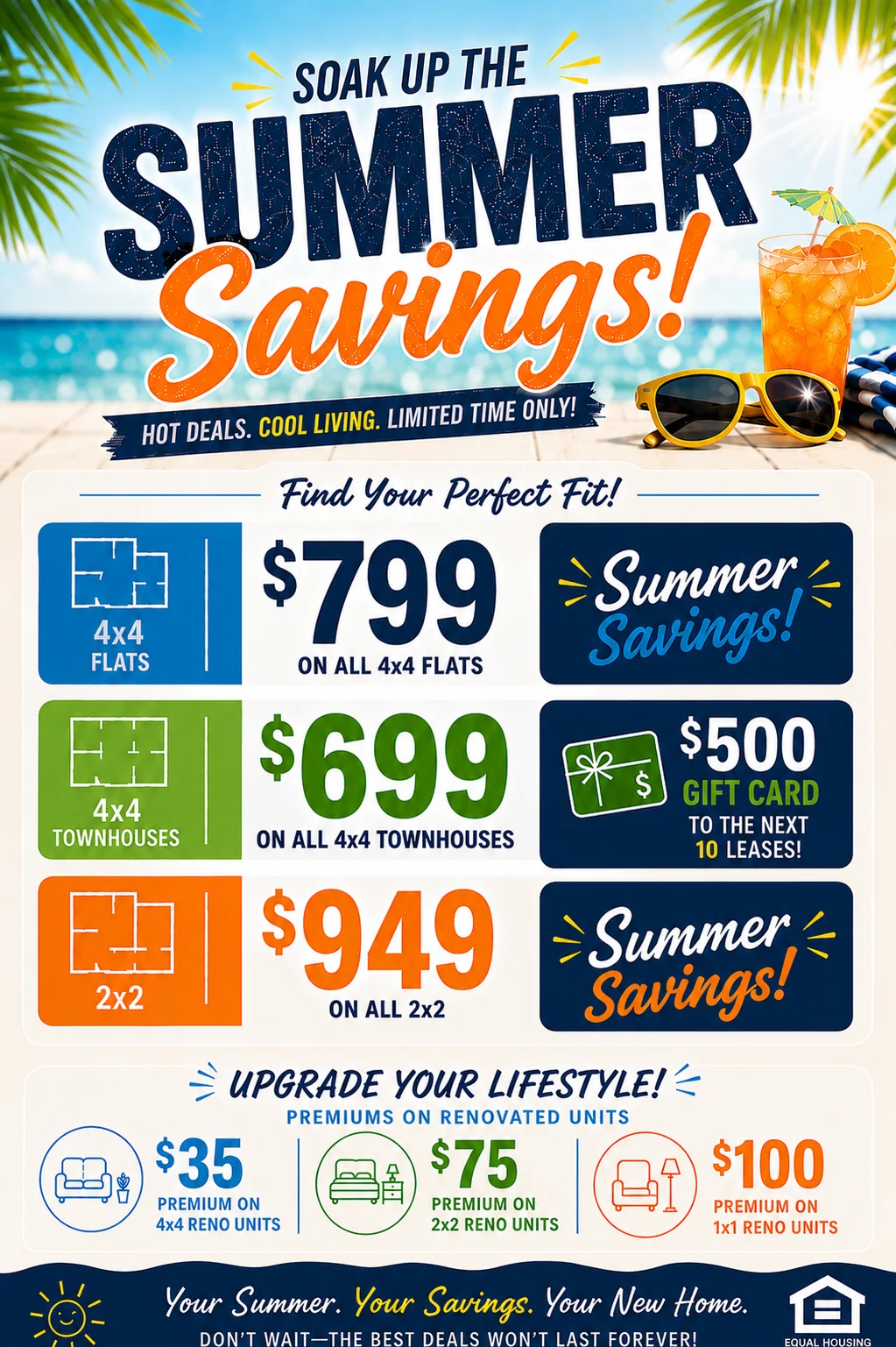 Promotional flyer for summer apartment savings featuring prices for flats and townhouses, along with gift card offers and lifestyle upgrades.