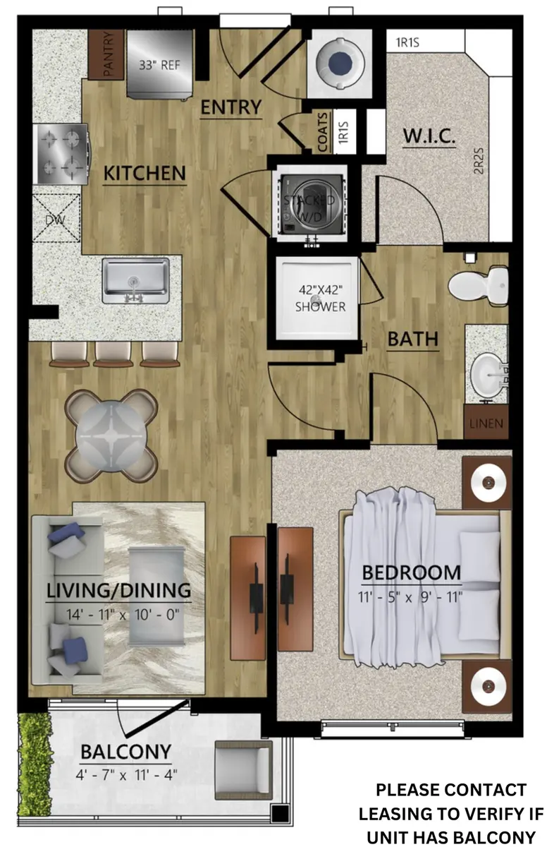 One-Bedroom Apartment Floor Plan Apartment floor plan showing kitchen, living/dining area, bedroom, bathroom, and balcony.
