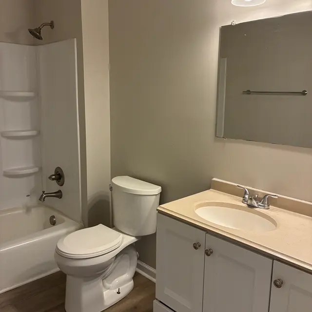 Modern Bathroom Interior A clean, modern bathroom featuring a bathtub with a shower, a toilet, and a white vanity with a sink and mirror.