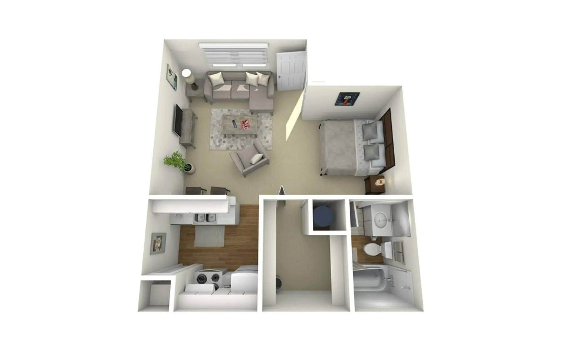 A 3D floor plan of a small apartment featuring a living area, kitchen, bedroom, and bathroom.