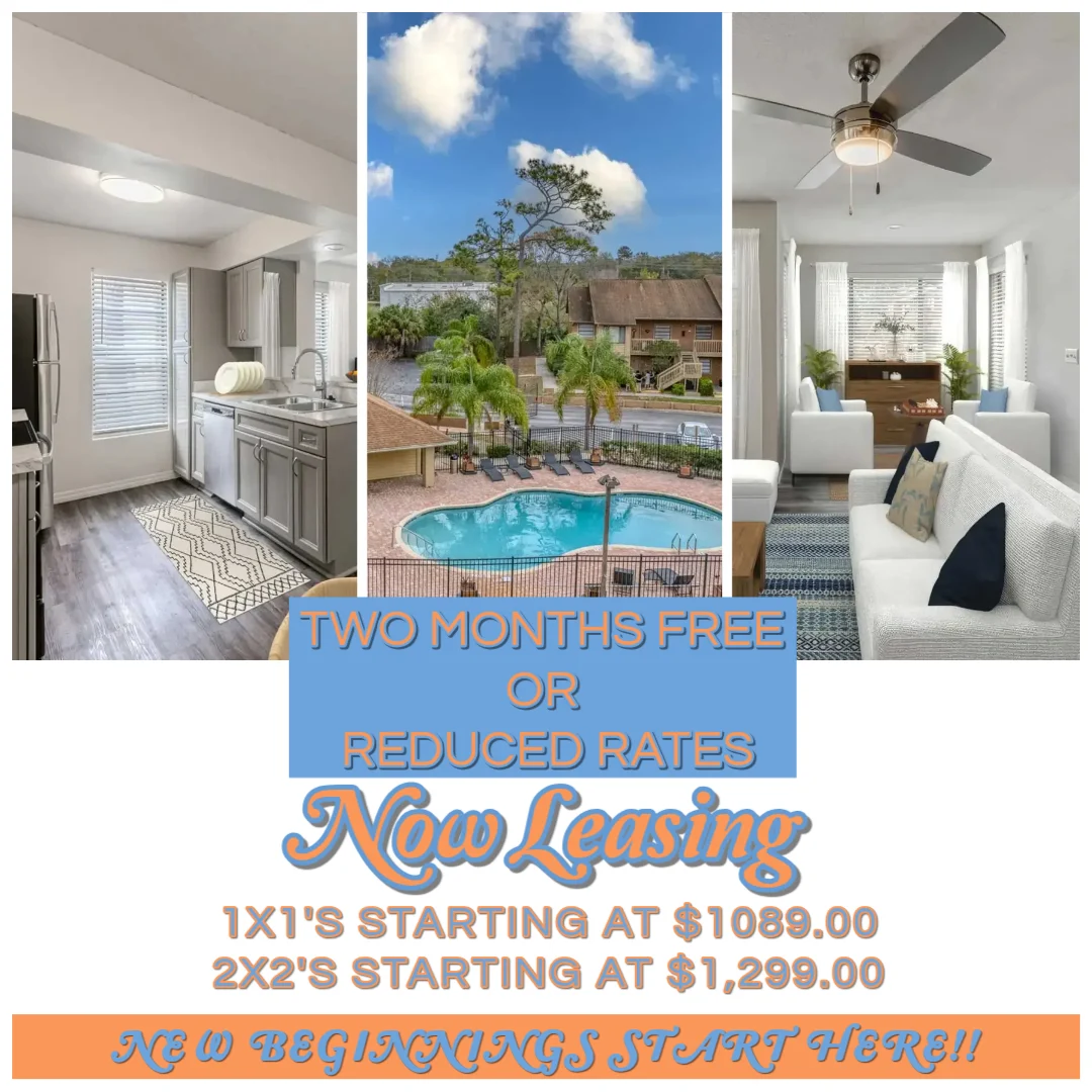 An advertisement for apartment leasing featuring images of an apartment interior, a swimming pool, and a living room. The text highlights leasing promotions with price details for one-bedroom and two-bedroom apartments.