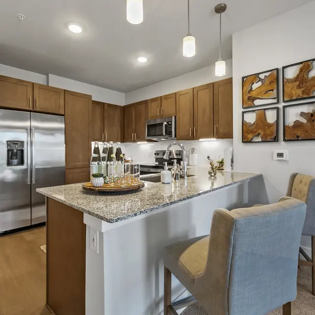 Modern kitchen featuring stainless steel appliances, granite countertops, wooden cabinetry, and bar seating with decorators.