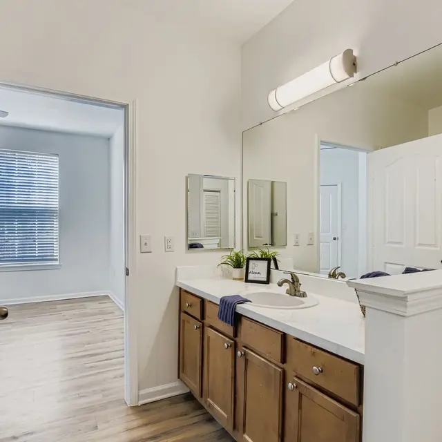 Modern bathroom with a single sink vanity, mirrors, and wooden cabinets. A doorway leads to a well-lit room with a window.
