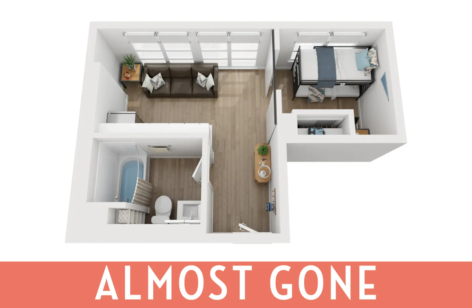 A 3D floor plan layout of a small apartment featuring a living area with a couch, a dining area, a bathroom, and a bedroom. The layout is designed with natural light from windows and modern furnishings.
