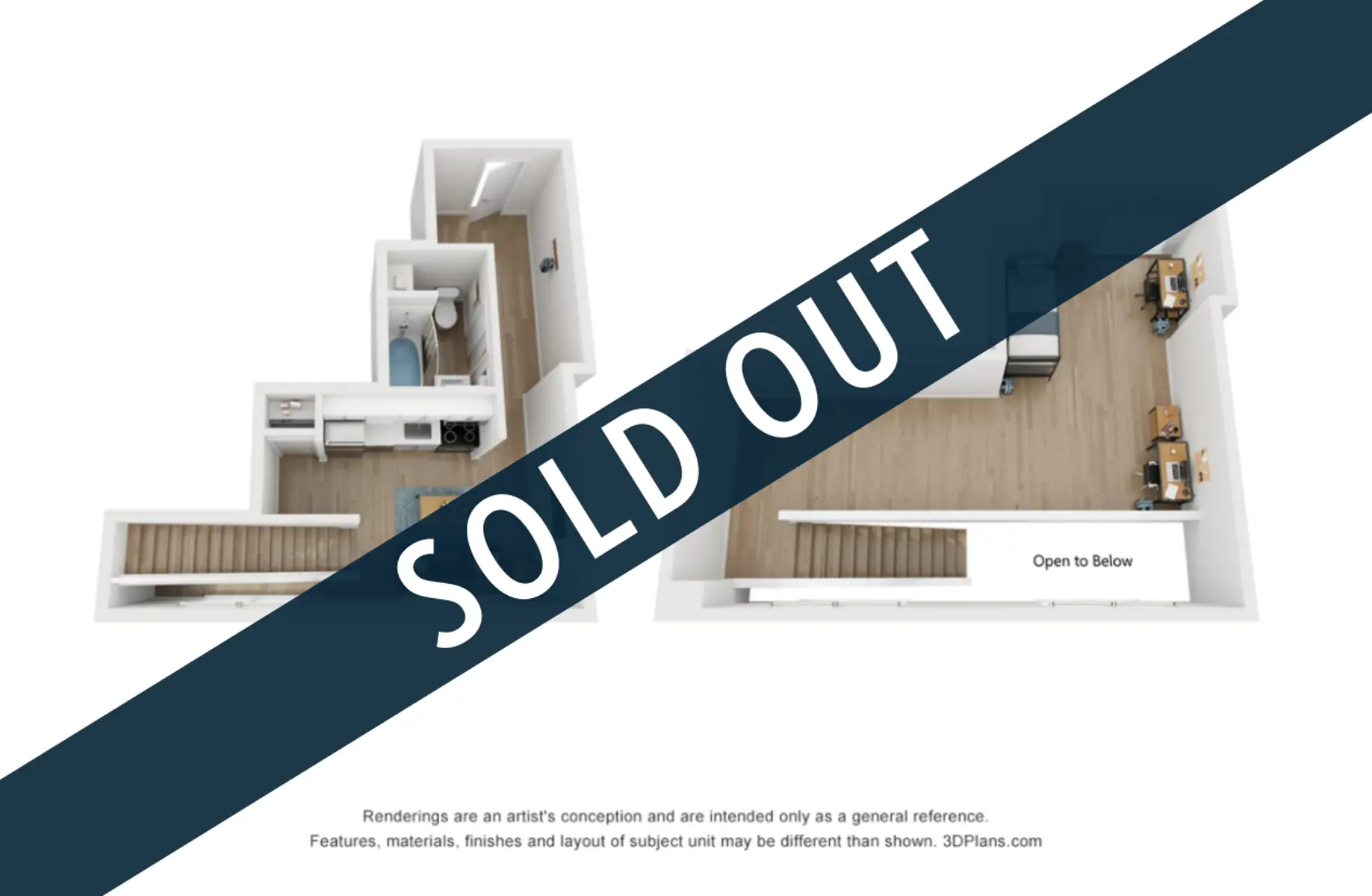A 3D floor plan layout of a residential unit marked with a bold 'SOLD OUT' across the center.