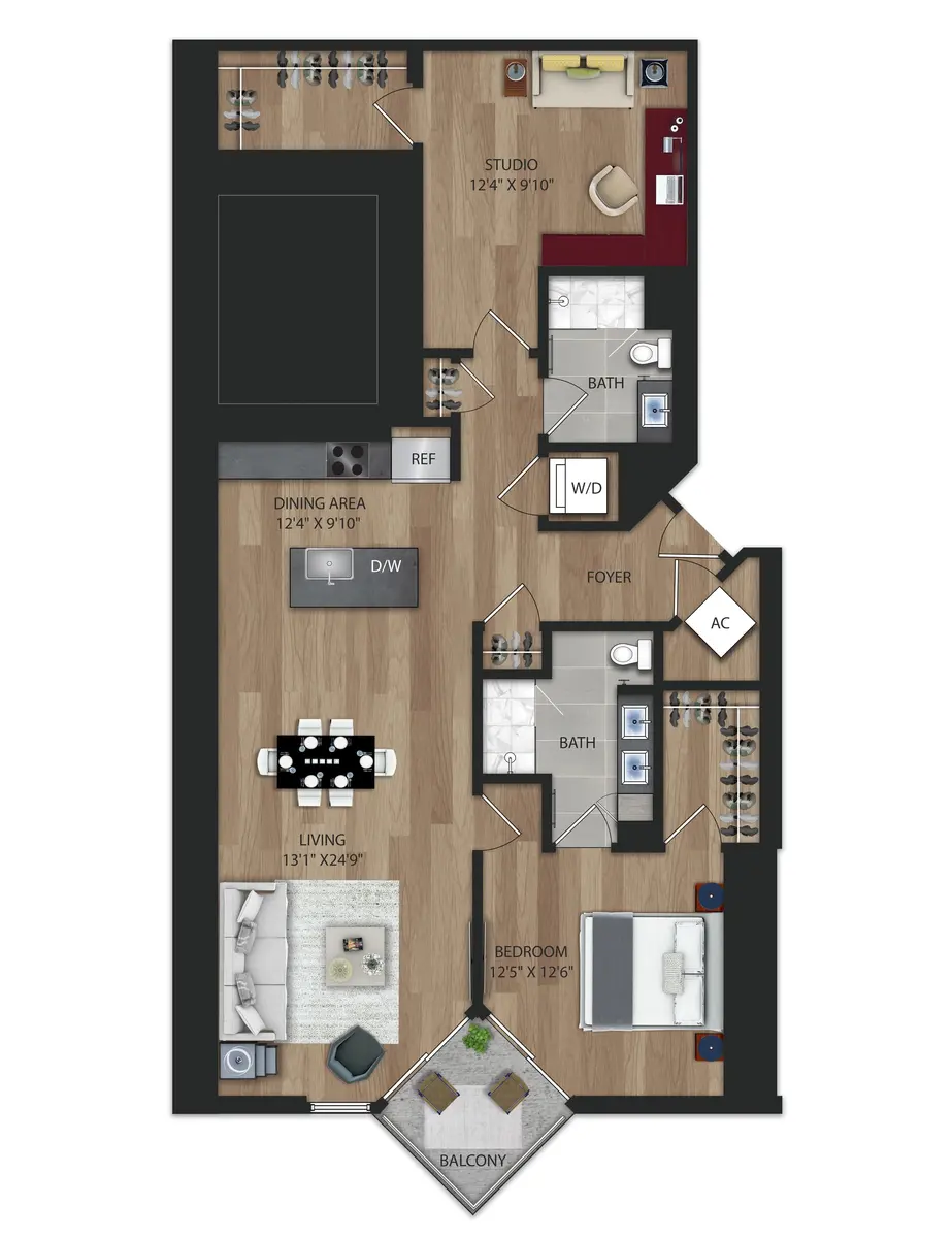 A detailed floor plan of a one-bedroom apartment featuring a studio, living area, dining area, two bathrooms, and a balcony. Rooms are labeled accordingly, with dimensions provided for each space.