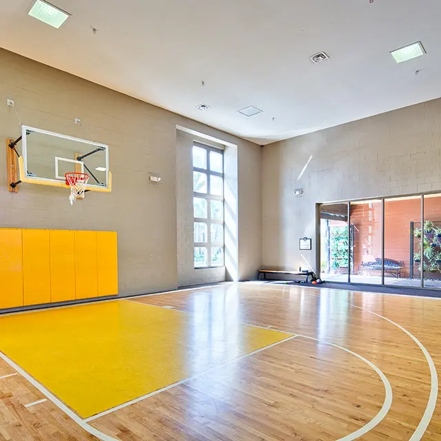 Interior view of a basketball court featuring a hoop and yellow wall panels.