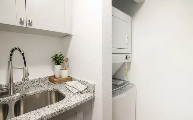 Modern Laundry Kitchenette A modern kitchenette with a laundry unit, featuring a sink with a sleek faucet and a countertop with utensils and a plant.