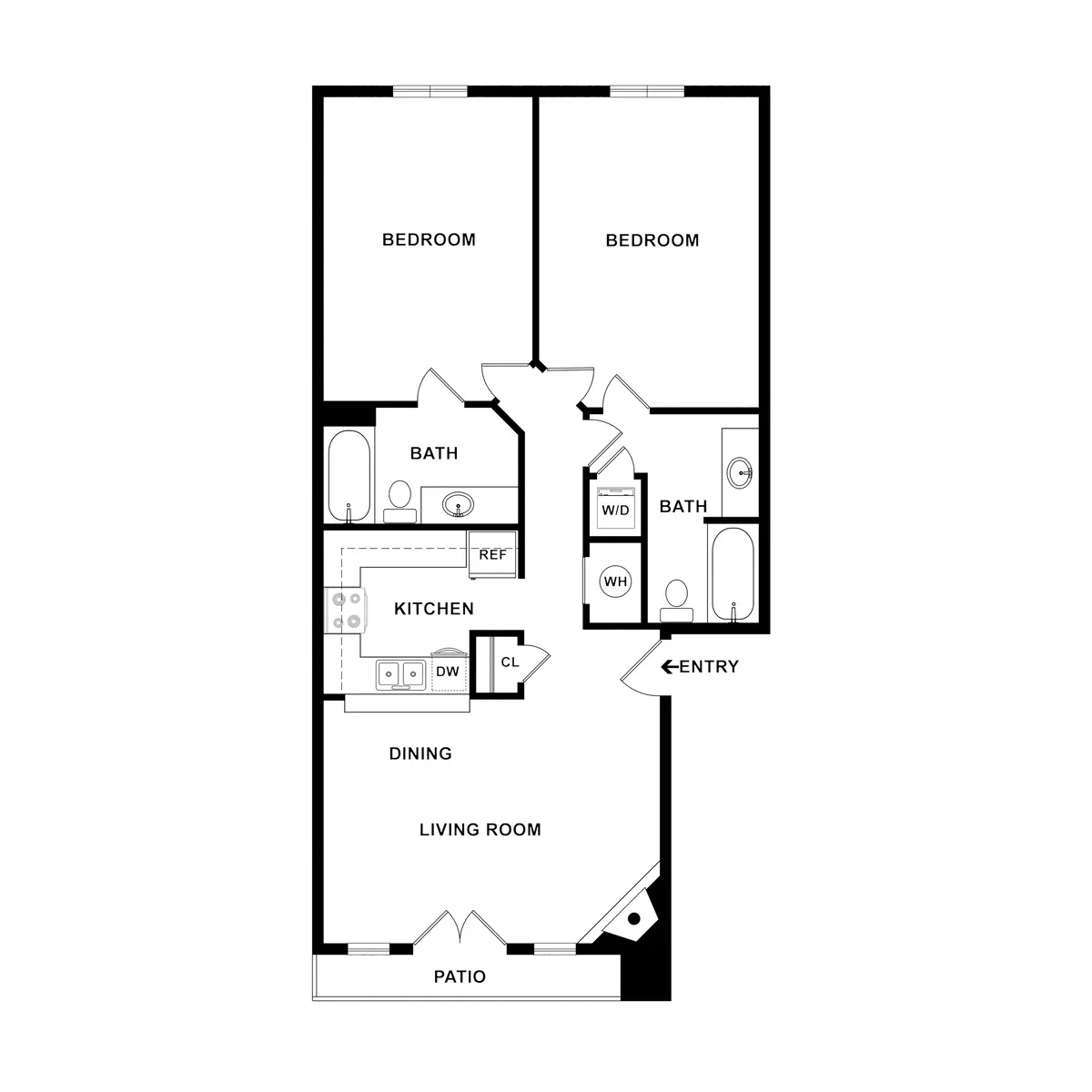 A detailed floor plan of a two-bedroom apartment, showcasing the layout of rooms including a kitchen, dining room, living room, and patio.