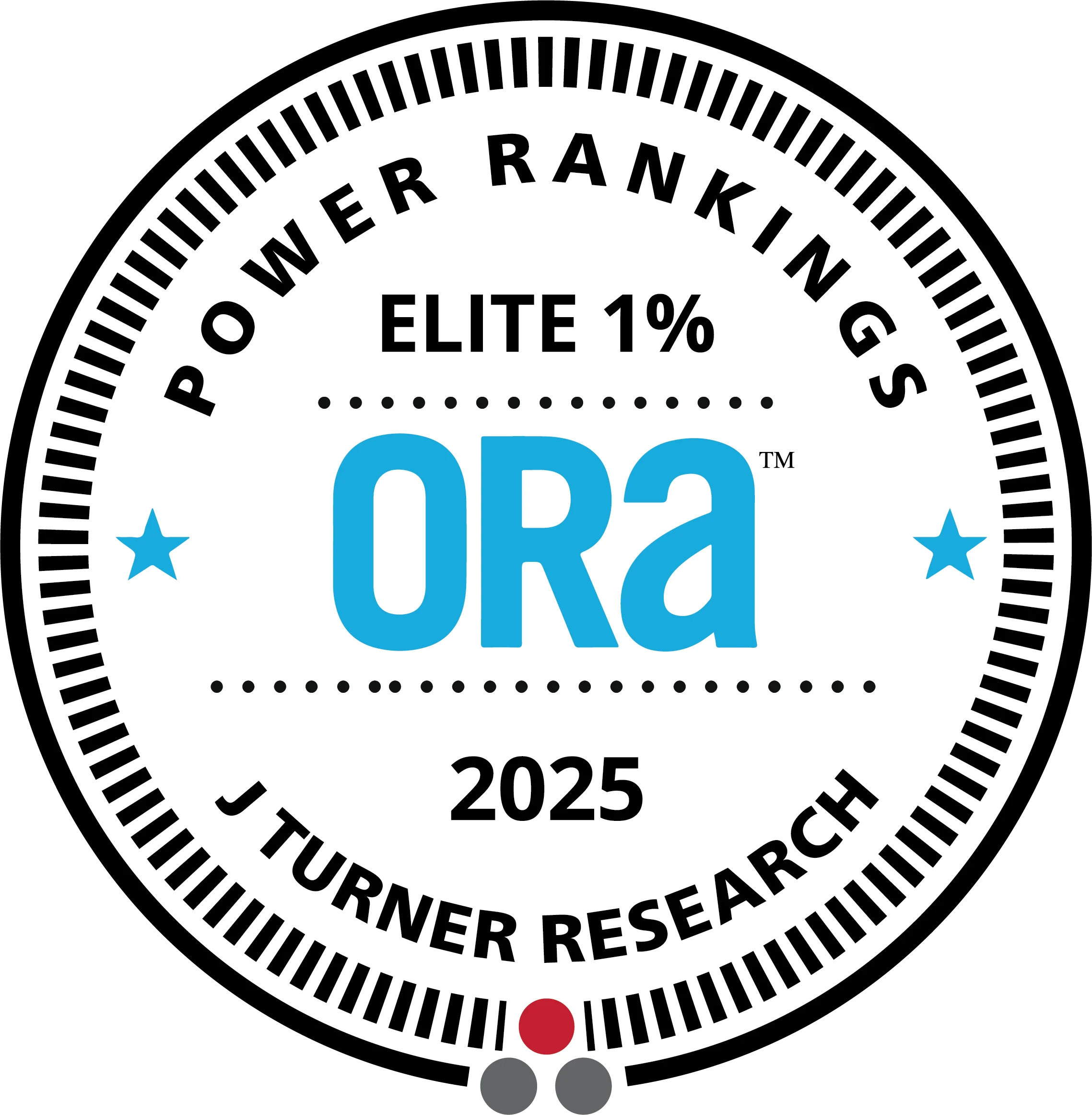 Seal indicating 'Power Rankings Elite 1% ORA 2025' by J Turner Research