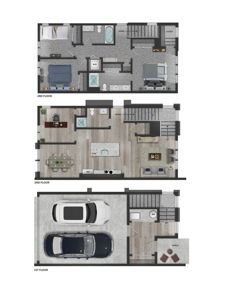 Three-Story House Floor Plan A three-story floor plan layout of a house, detailing the arrangement of rooms including bedrooms, bathrooms, a kitchen, and garage.