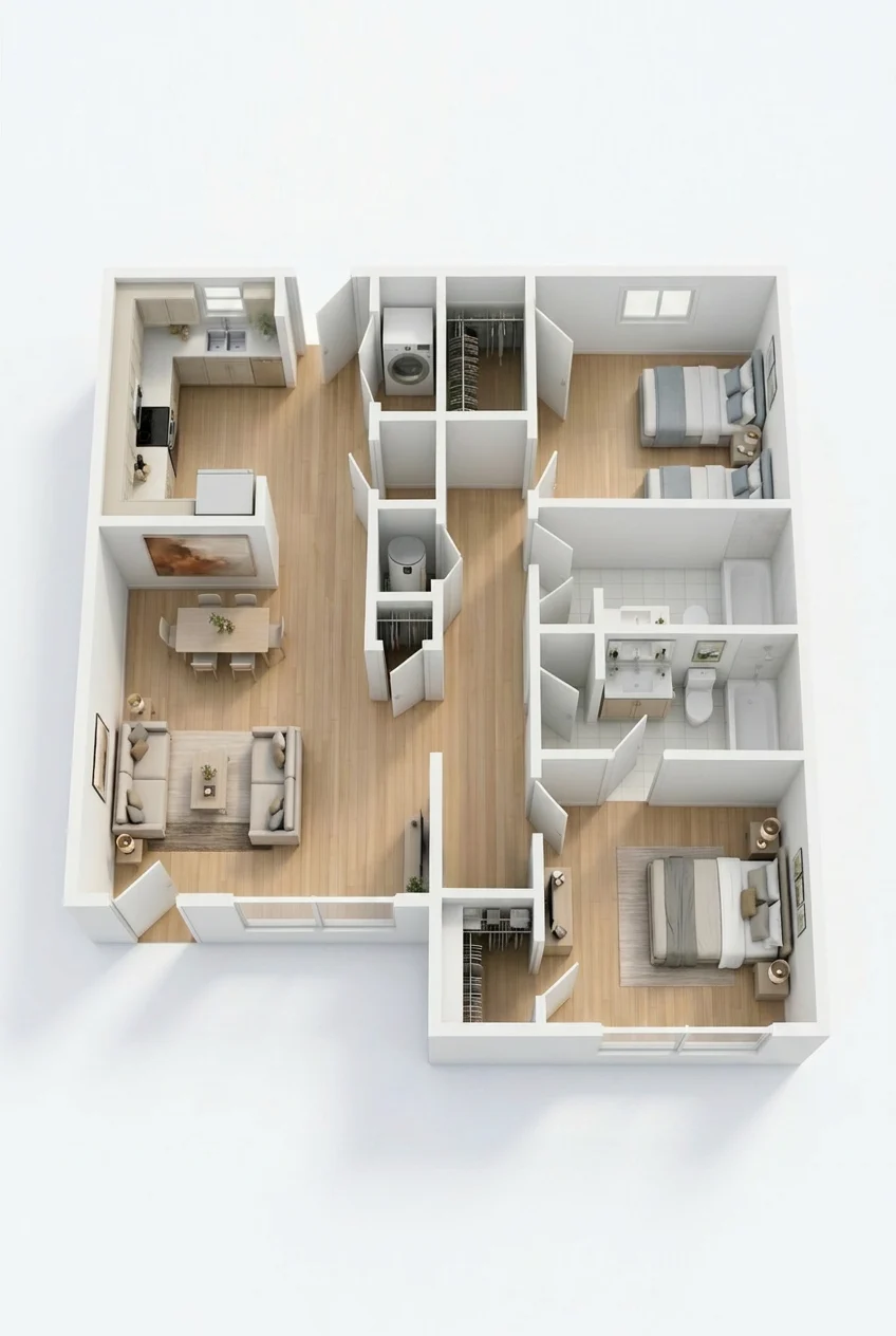 An architectural diagram showcasing a floor plan of a residential apartment with two bedrooms, a living room, a kitchen, and bathrooms arranged in a spacious layout.