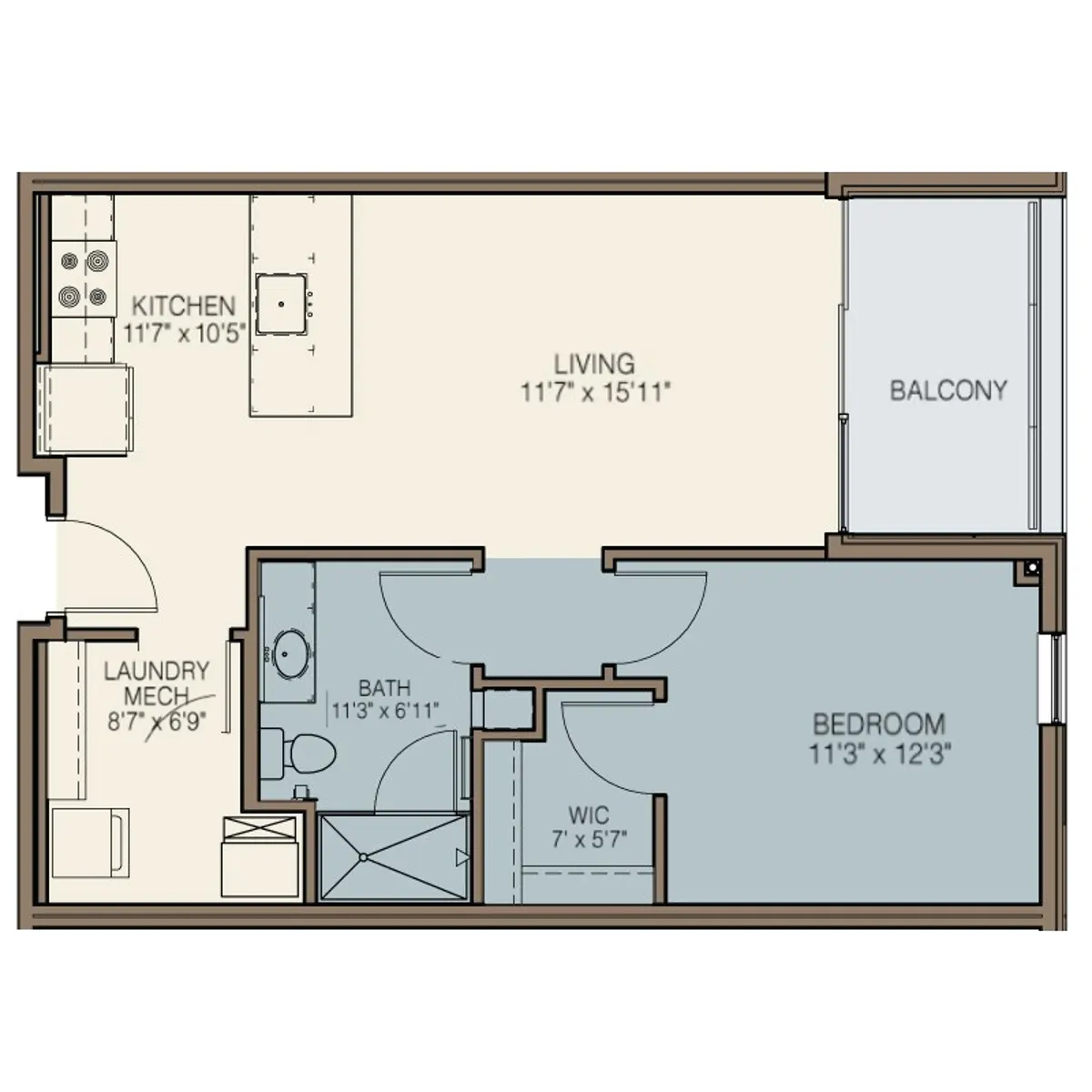 A floor plan of a one-bedroom apartment layout featuring a kitchen, living room, bedroom, bathroom, and balcony.