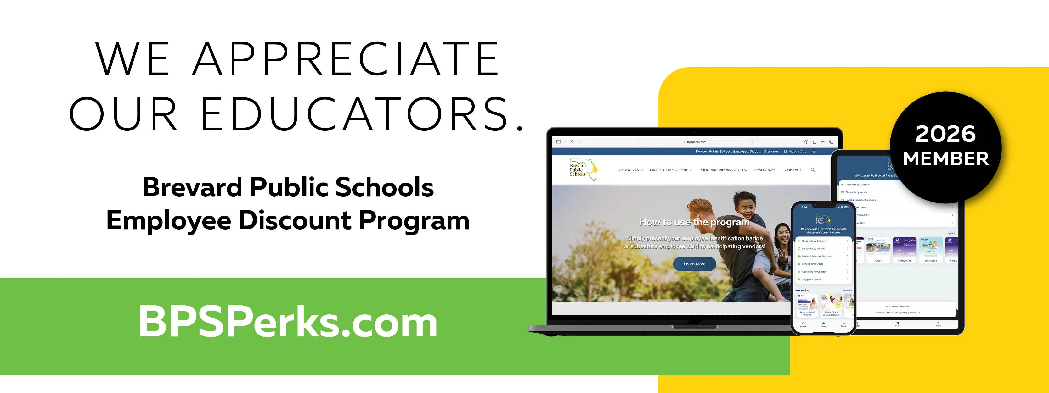 Banner promoting the Brevard Public Schools Employee Discount Program with text expressing appreciation for educators.