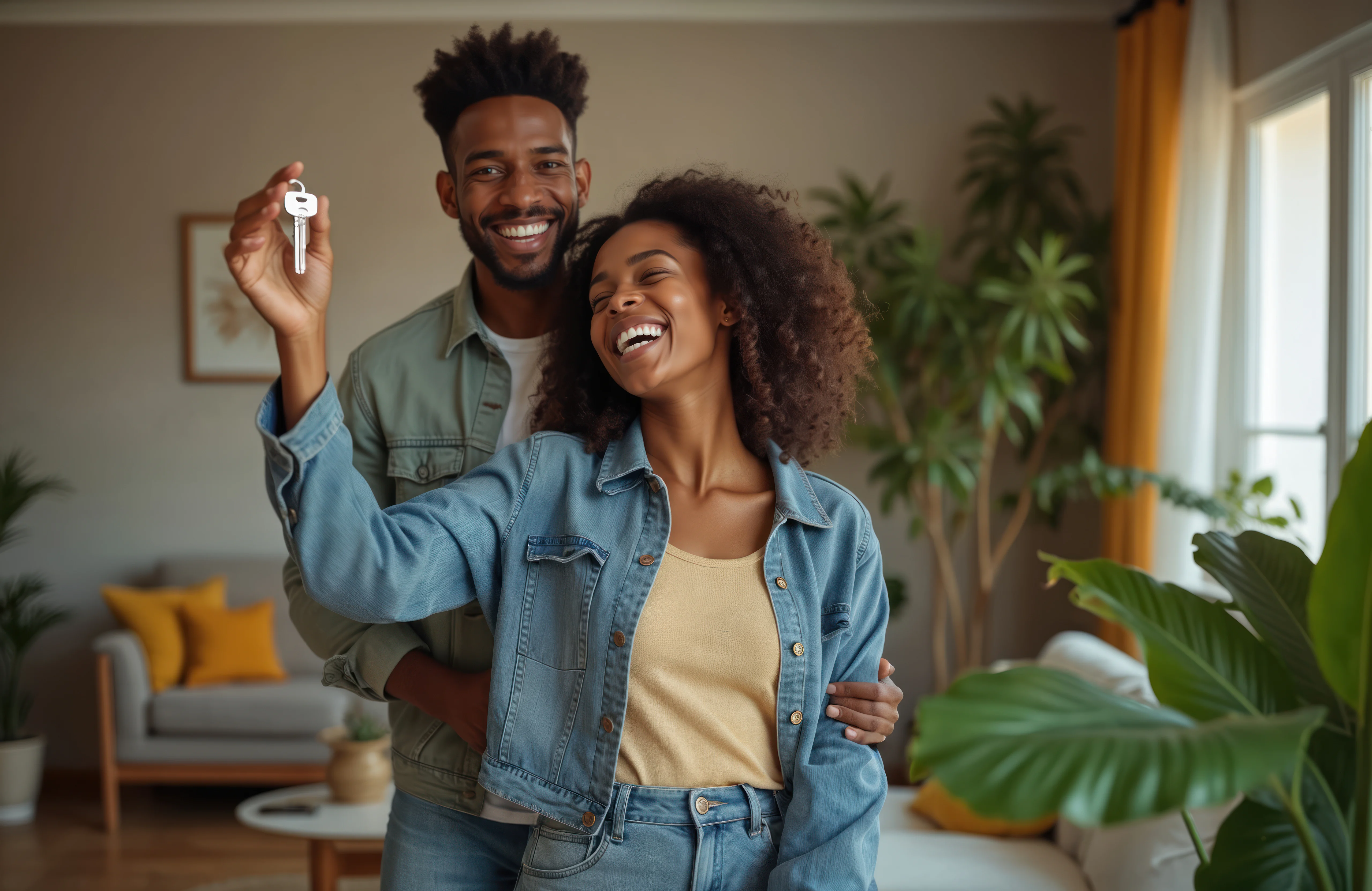 Joyful Couple with New Home Keys A joyful couple in a cozy living room, the man holds up a set of keys while the woman smiles brightly. They are surrounded by indoor plants and a comfortable sofa, showcasing a lively home environment.