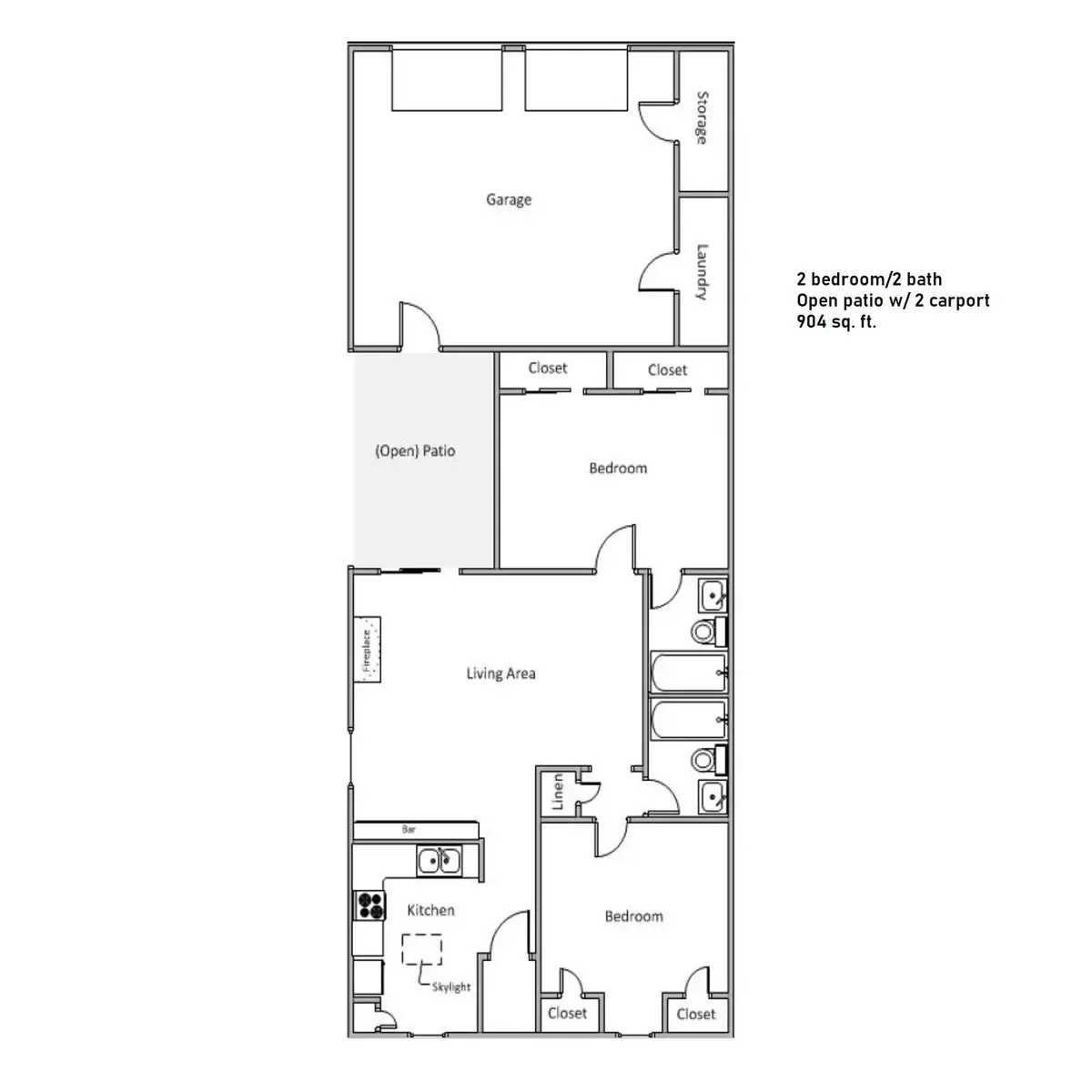 2 Bedroom 2 Bath Apartment Floor Plan A floor plan for a 2 bedroom, 2 bath apartment featuring a garage, open patio, living area, and kitchen.