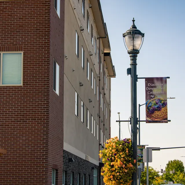 Charming Street Scene A street view of a modern multi-story brick building beside a sidewalk. A lamppost adorned with a colorful flower basket stands next to the building. A banner hangs from the lamppost. Some parked cars line the side of the street.