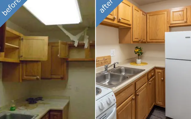 A side-by-side comparison of a kitchen remodel, showing a cluttered and outdated kitchen on the left and a modern, clean kitchen on the right.