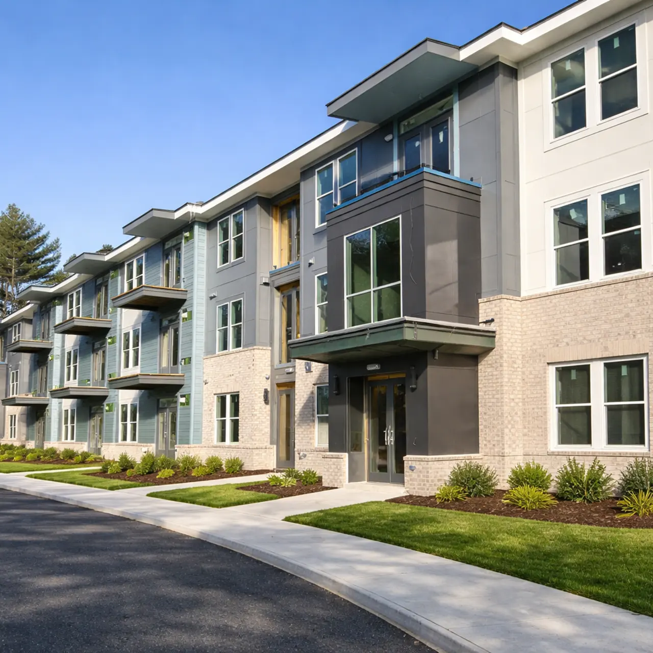 Modern multi-story residential building with large windows, greenery, and a curved pathway, set against a clear blue sky.