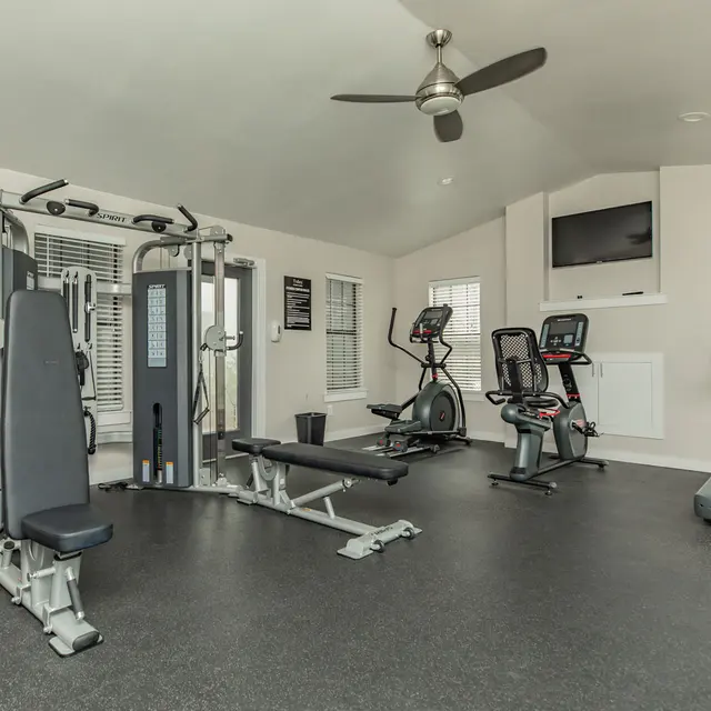 Artisan at South Lamar Fitness machines, benches, elliptical exercise bike, and treadmill inside Artisan at South Lamar's fitness room.