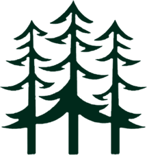 Silhouette illustration of three pine trees in a simplistic style.