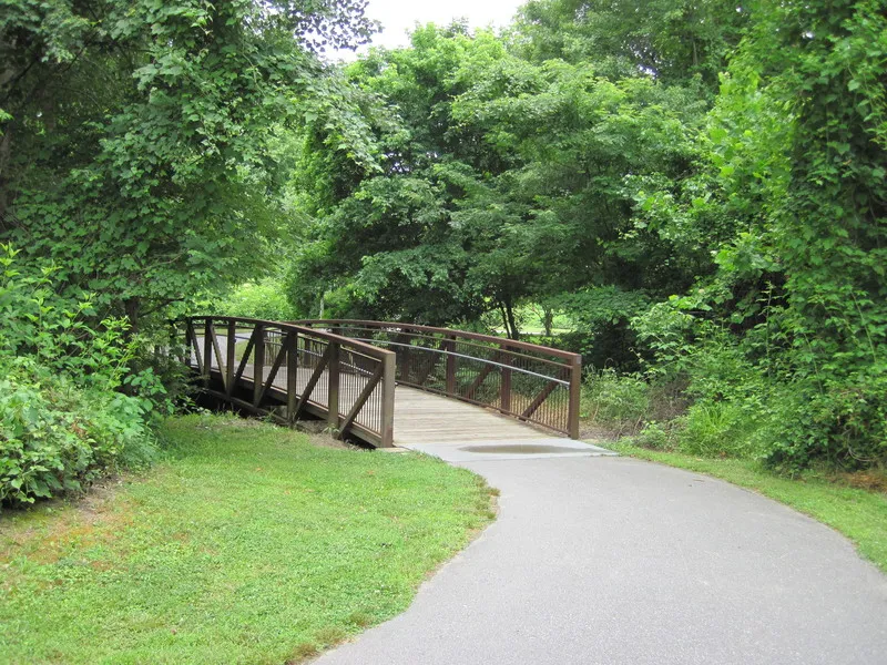 A wooden bridge spans over a small pathway surrounded by greenery in a park setting.