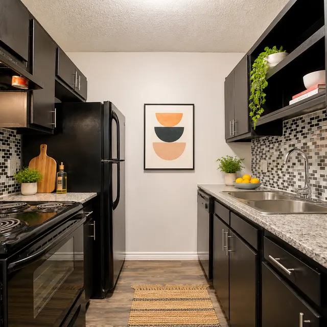A modern kitchen with black cabinetry, stainless steel appliances, and a stylish backsplash. There are plants on the shelves and a vase of orange flowers on the countertop. A framed art piece is hanging on the wall.