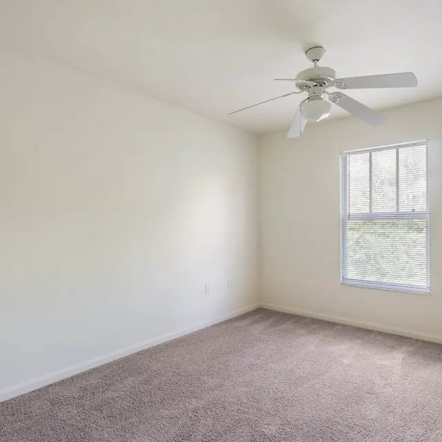 A spacious empty bedroom with a ceiling fan and a window letting in natural light, featuring beige carpet and white walls.