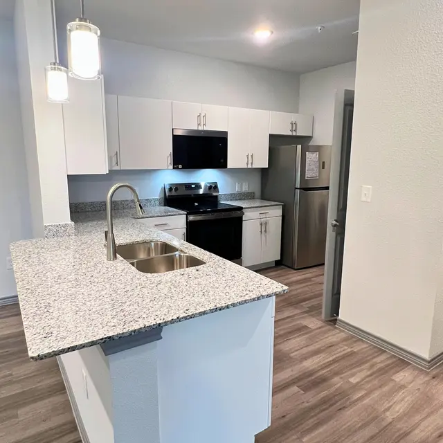 A modern kitchen featuring white cabinets, stainless steel appliances, and a granite countertop with an undermount sink. The flooring is a light wood laminate.