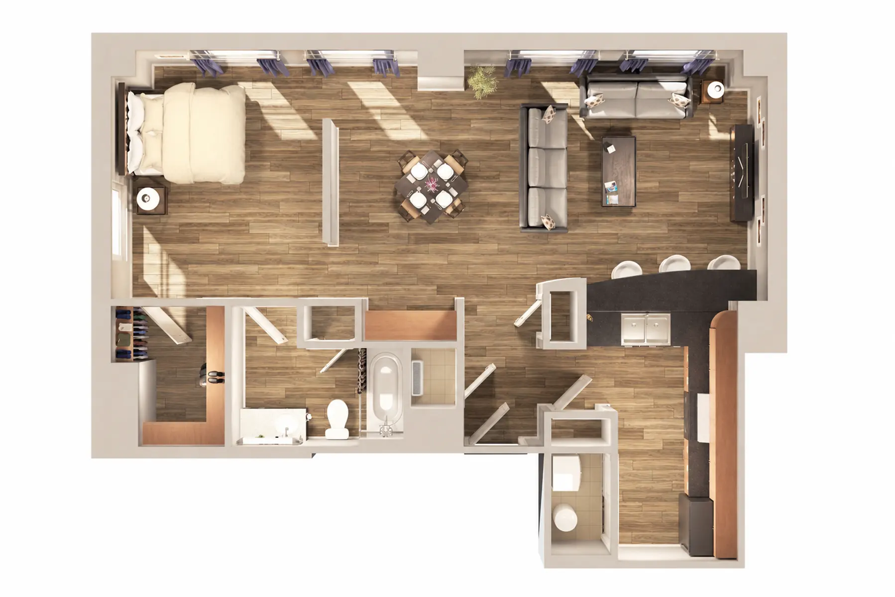 Top-down view of an apartment floor plan featuring a bedroom, living room, kitchen, dining area, bathroom, and additional spaces.