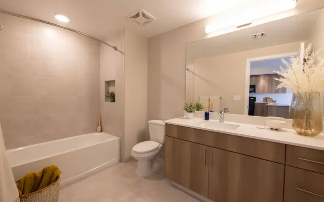 A contemporary bathroom featuring a bathtub, a large mirror above a modern vanity, and plants for decoration. The color scheme includes soft beige tiles and wooden accents.