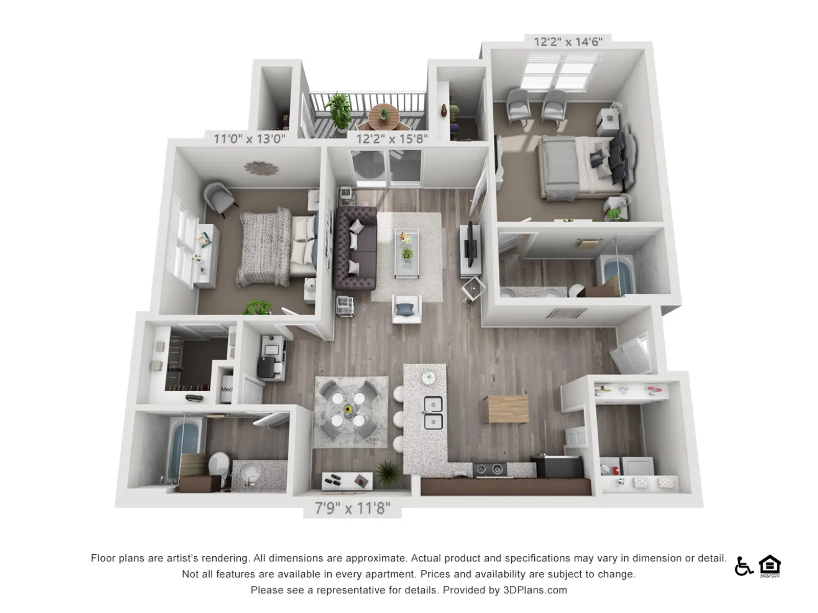 A top-down view of a four-room floor plan for an apartment. The layout includes a living area, kitchen, two bedrooms, an office space, and two bathrooms, all labeled with measurements for each room.