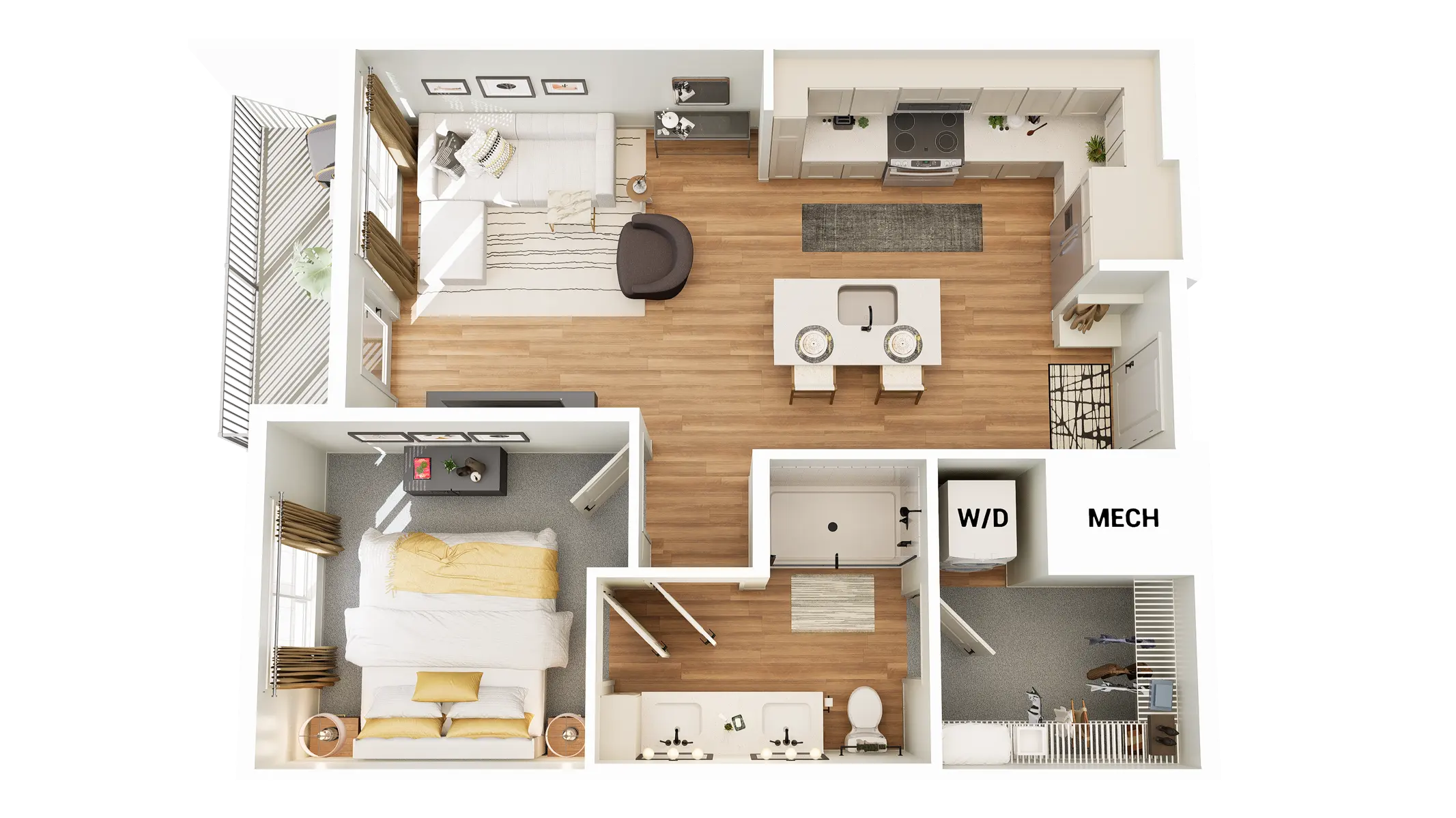 A detailed floor plan of a one-bedroom apartment featuring a living area, dining space, kitchen, bedroom, bathroom, and utility area.
