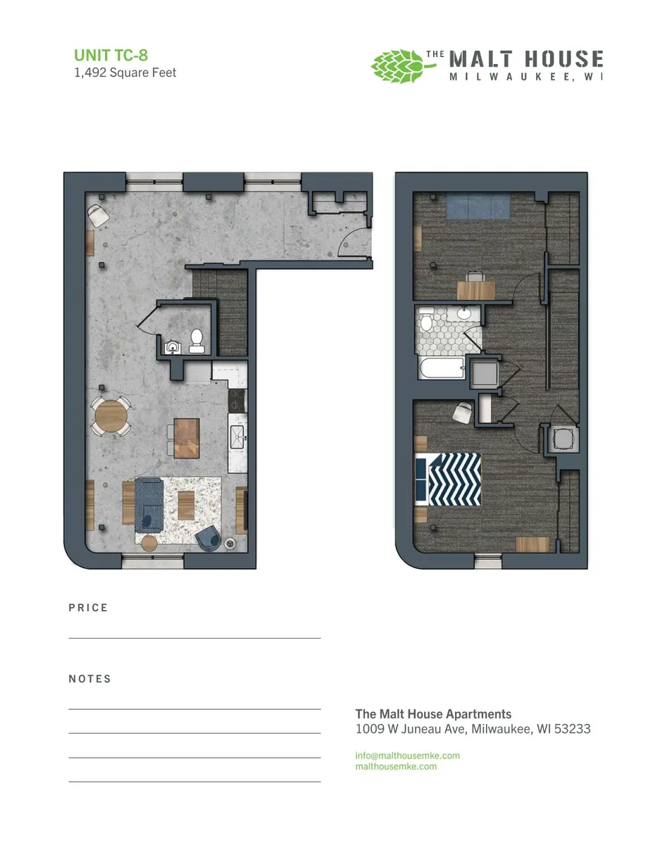 Floor plan of a two-bedroom apartment unit TC-8 measuring 1,492 square feet, featuring a living area, kitchen, and bedrooms.