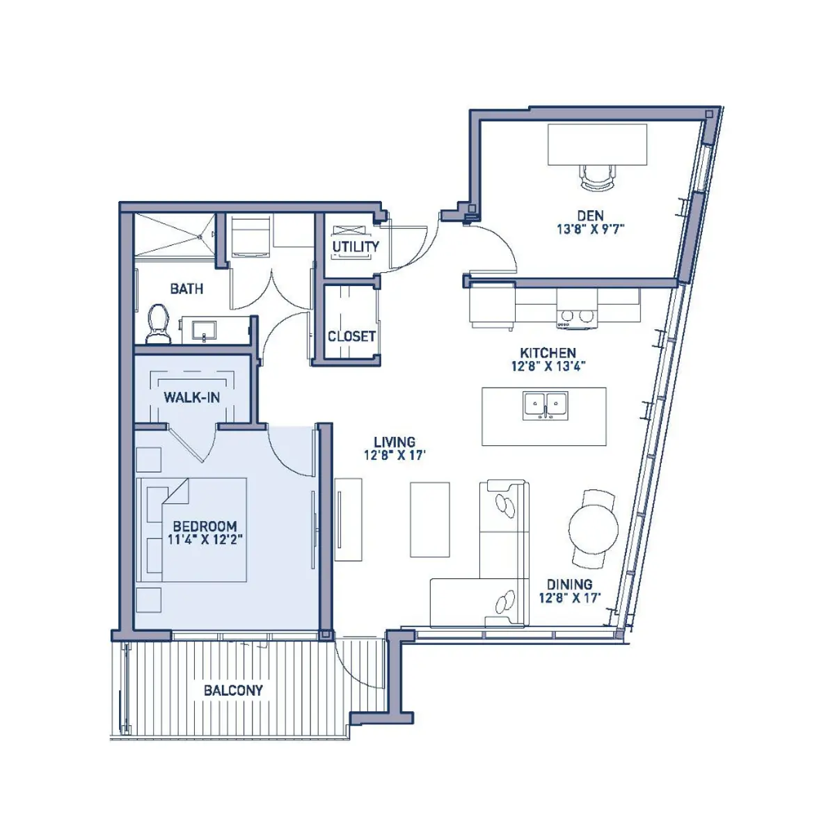 A detailed floor plan of a residential apartment layout featuring a bedroom, den, kitchen, living area, dining area, bath, utility, and balcony.