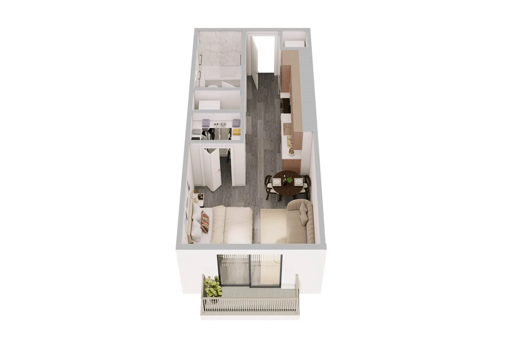 An aerial view of a modern apartment floor plan featuring a living area, dining area, kitchen, bedroom, and bathroom.