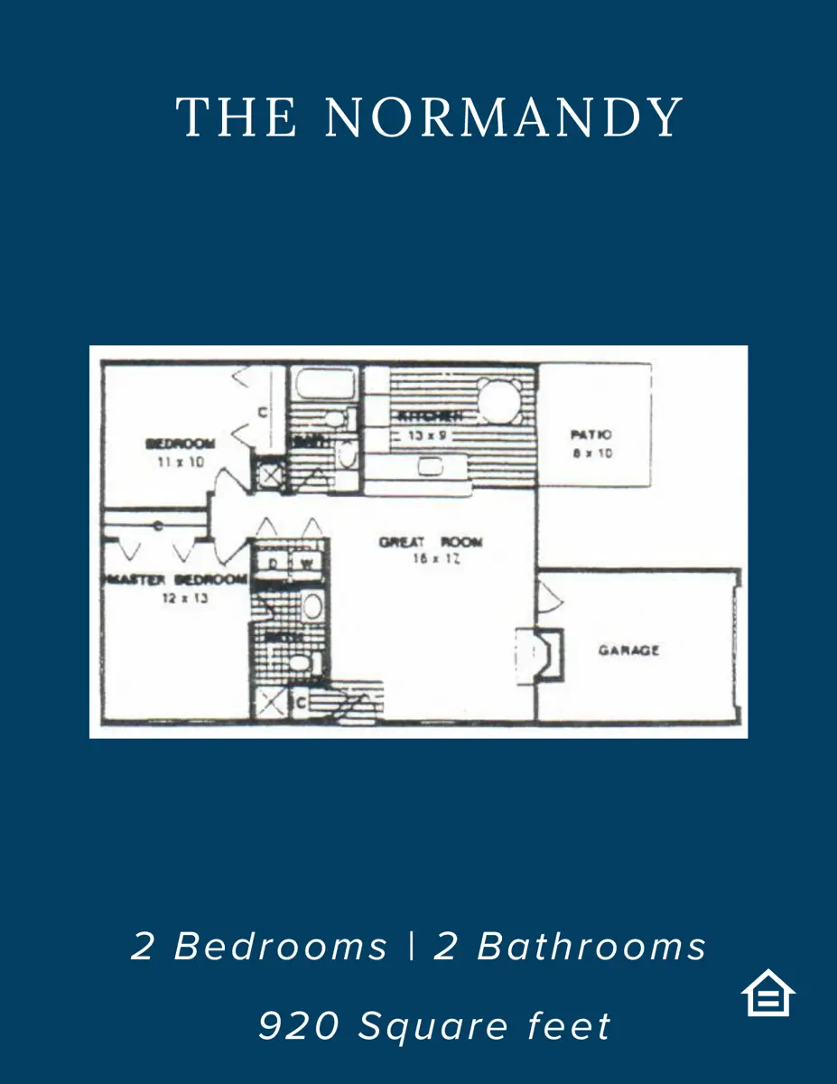 Floor plan of The Normandy layout featuring two bedrooms, two bathrooms, a great room, and a garage.