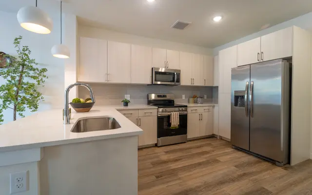 A modern kitchen featuring light wood cabinets, stainless steel appliances, and a spacious countertop with a bowl of greenery. A potted plant is visible in the background, enhancing the contemporary look.
