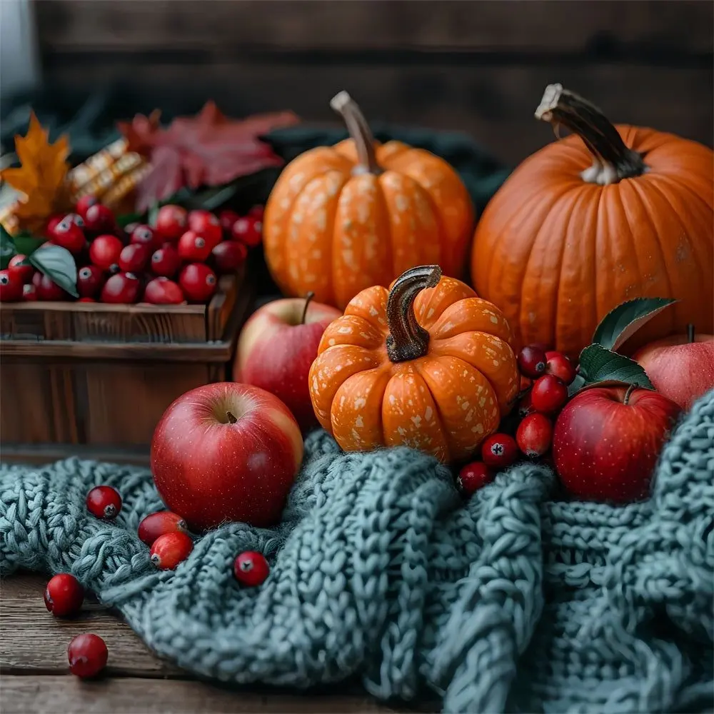 Autumn Harvest Arrangement A warm autumn scene featuring pumpkins, apples, and cranberries arranged with a cozy knitted blanket.