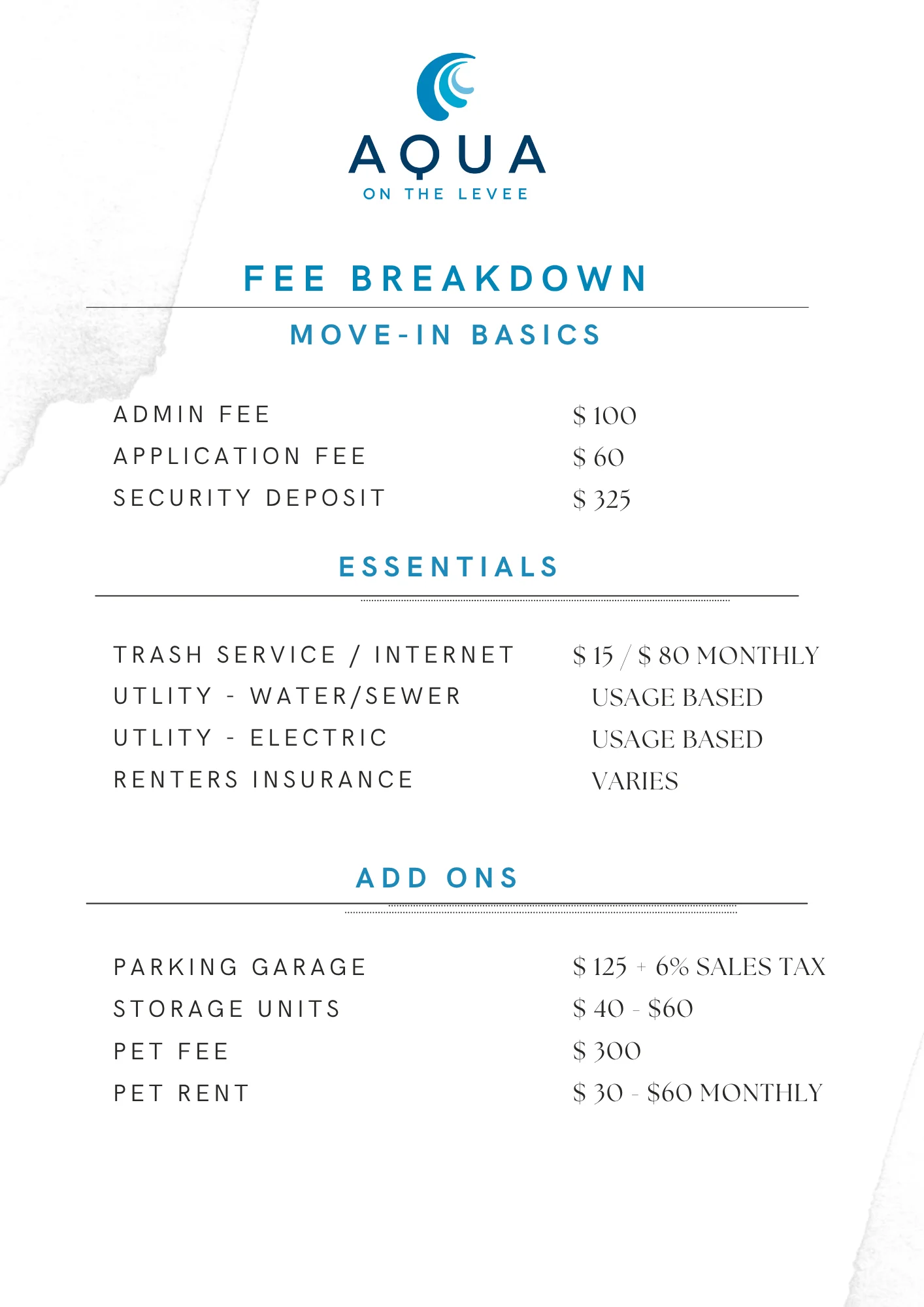 A fee breakdown document for Aqua on the Levee, outlining move-in basics, essentials, and add-on fees.