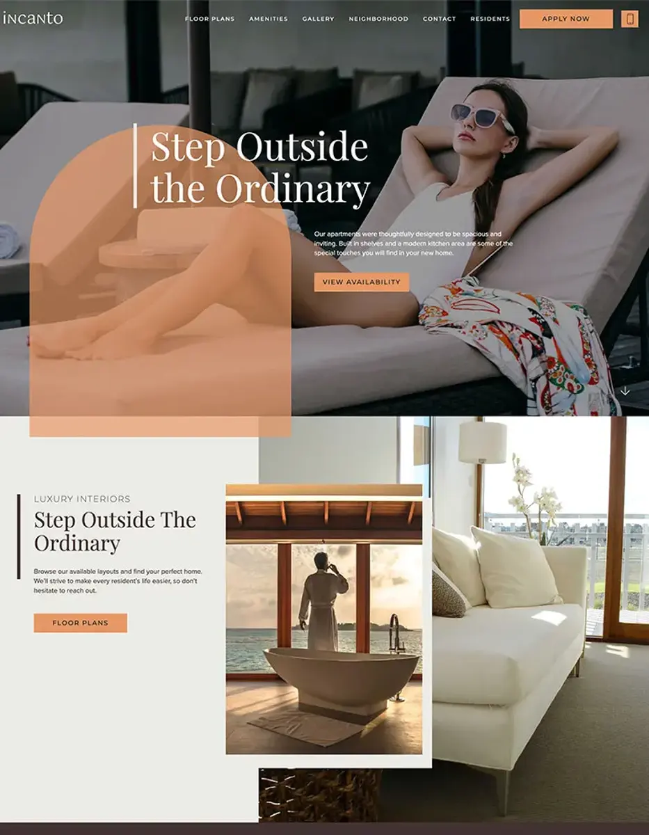 Luxury Living Website Layout A modern website layout with a woman lounging on a poolside chair, featuring sections on luxury interiors, floor plans, and contact information.