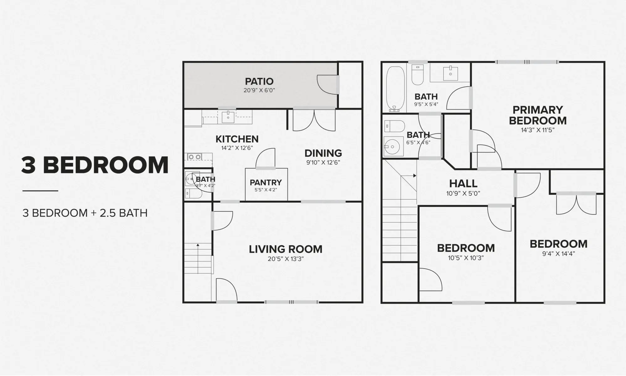 3 Bedroom House Floor Plan A floor plan for a 3-bedroom house featuring a patio, kitchen, dining area, living room, and three bedrooms including a primary bedroom.