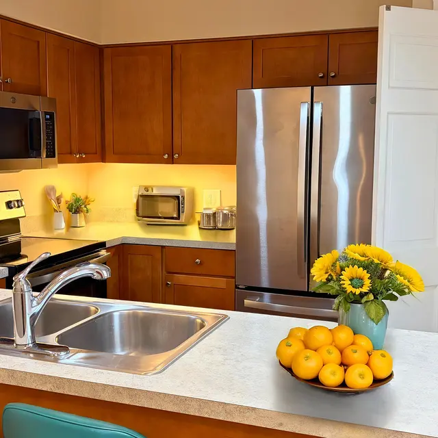 A modern kitchen with wooden cabinets, stainless steel appliances, and a bowl of oranges on the countertop. Sunflowers in a vase are also present near the sink.