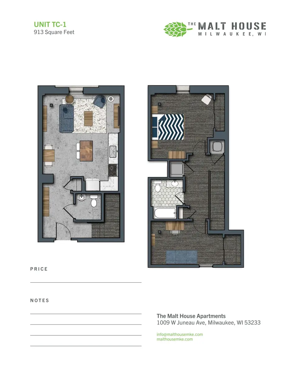 Floor plan of an apartment unit labeled TC-1, showing layout with bedrooms, kitchen, living area, and bathroom.