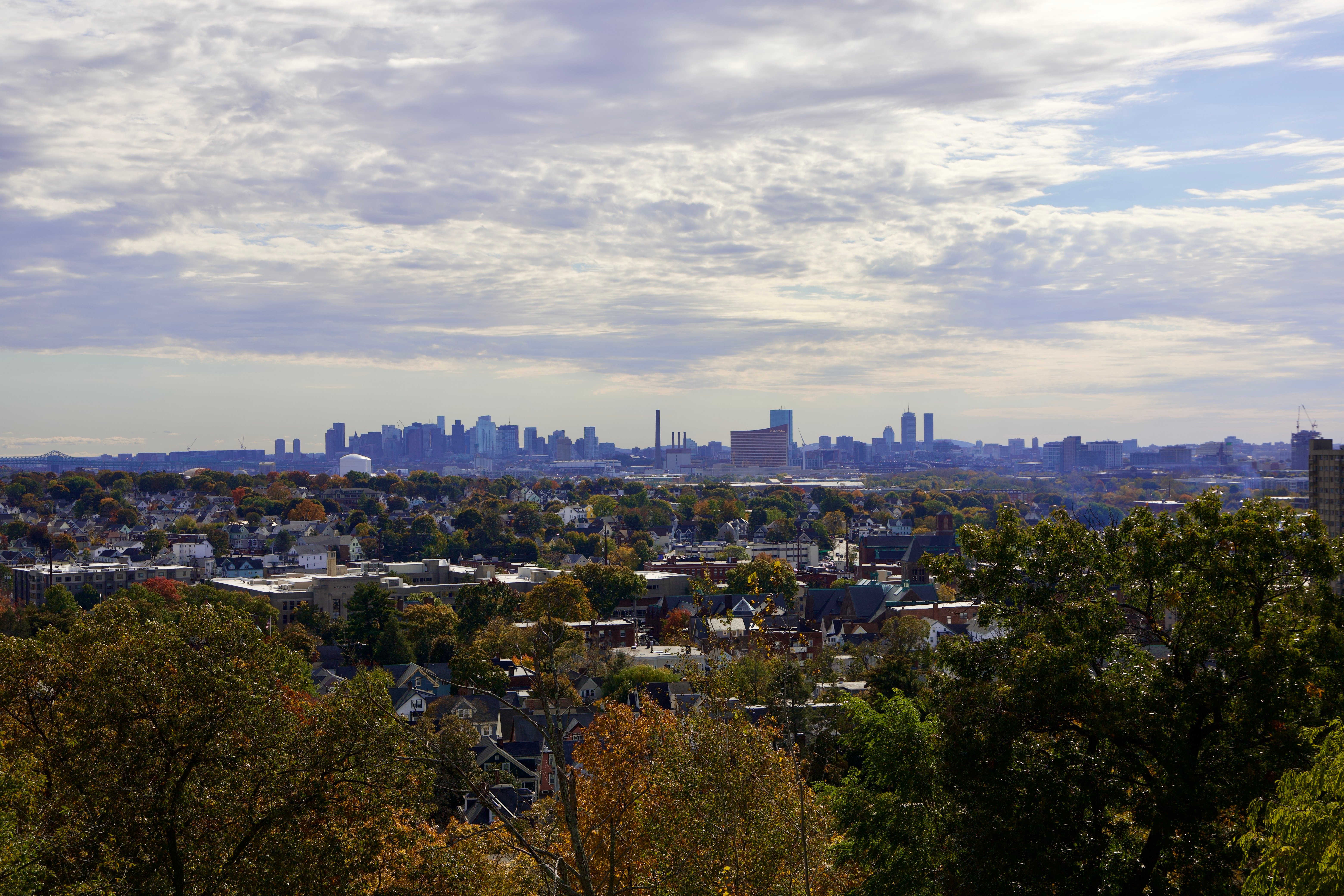 A panoramic view of a city skyline from an elevated perspective, showcasing a mix of urban buildings and green trees in the foreground.