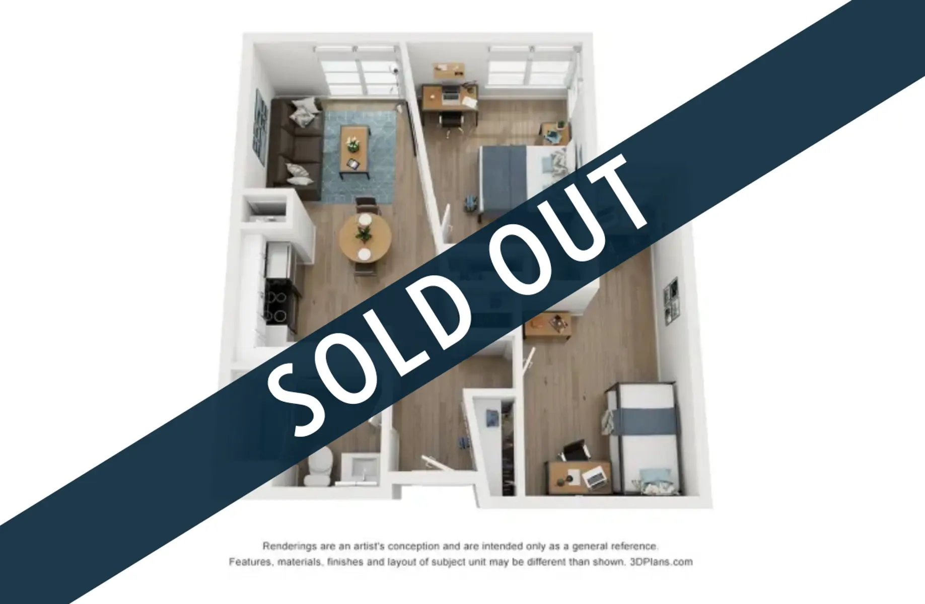 A 3D rendering of an apartment floor plan featuring multiple rooms and modern design. A large 'SOLD OUT' banner is overlaid across the image.