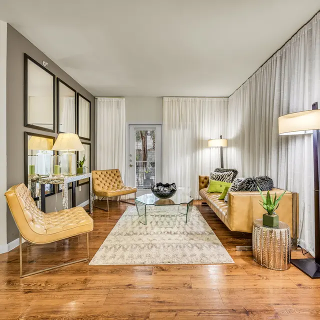Stylish Modern Living Room Apartment living room with wood-style flooring and large windows in South Austin.